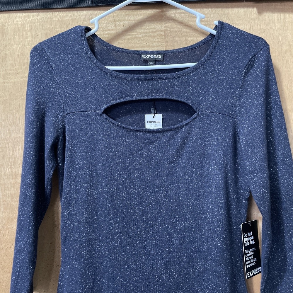Express Dress Navy Blue Silver Metallic Body Con‎ 3/4 Sleeve Size Small